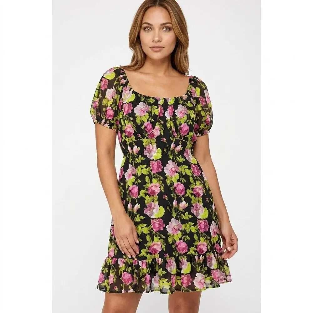Betsey Johnson Pink Floral Lace Mini Dress Black Ruffle Milkmaid JN108350 Small